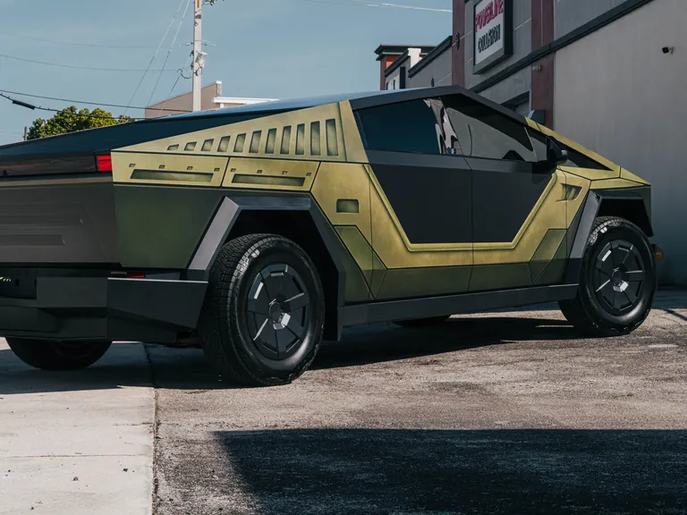 Vinyl Wrap Cybertruck with a Halo Warthog vinyl wrap outside Ecophant Auto